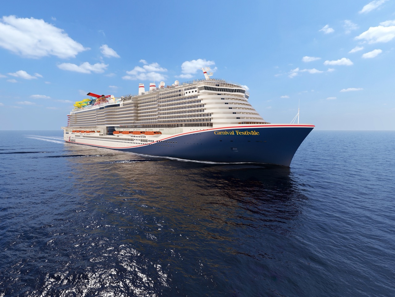 Realistic official rendering showing the full Carnival Festivale ship sailing on a blue sea
