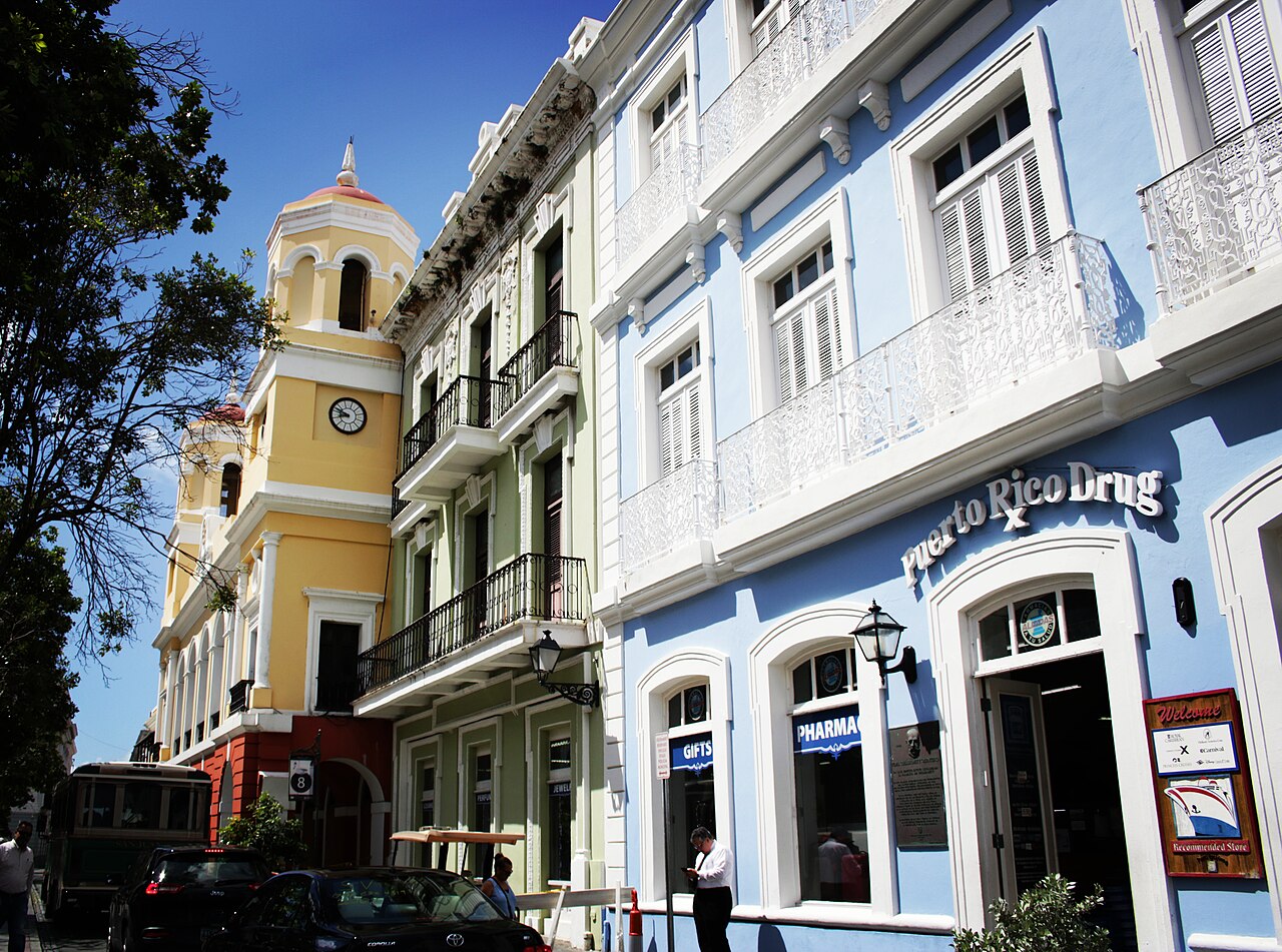 Colorful colonial buildings along a street in Old San Juan, Puerto Rico
